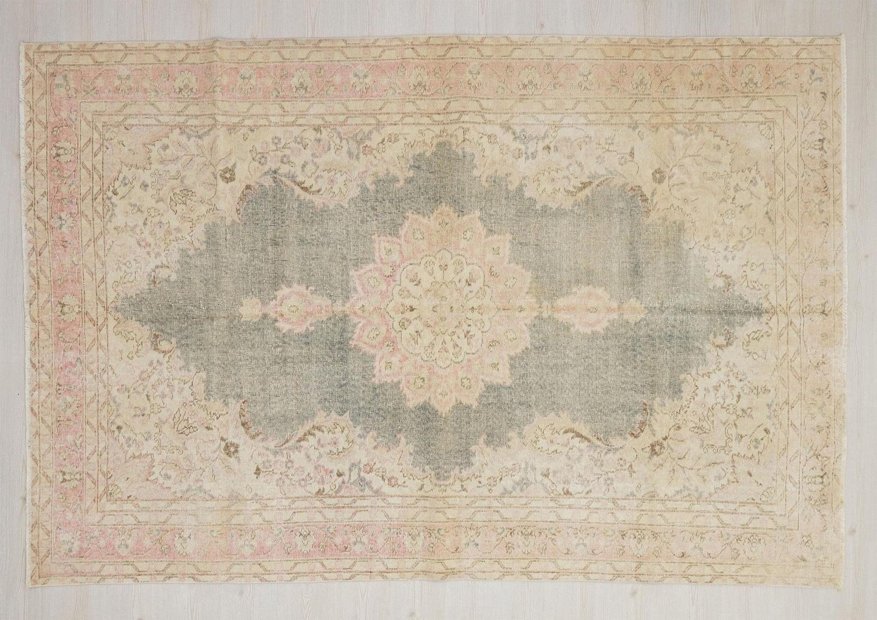 Vintage Handwoven Oushak Rug: Mid-Century Modern Wool Turkish Rugs 6x9.4 Feet.
