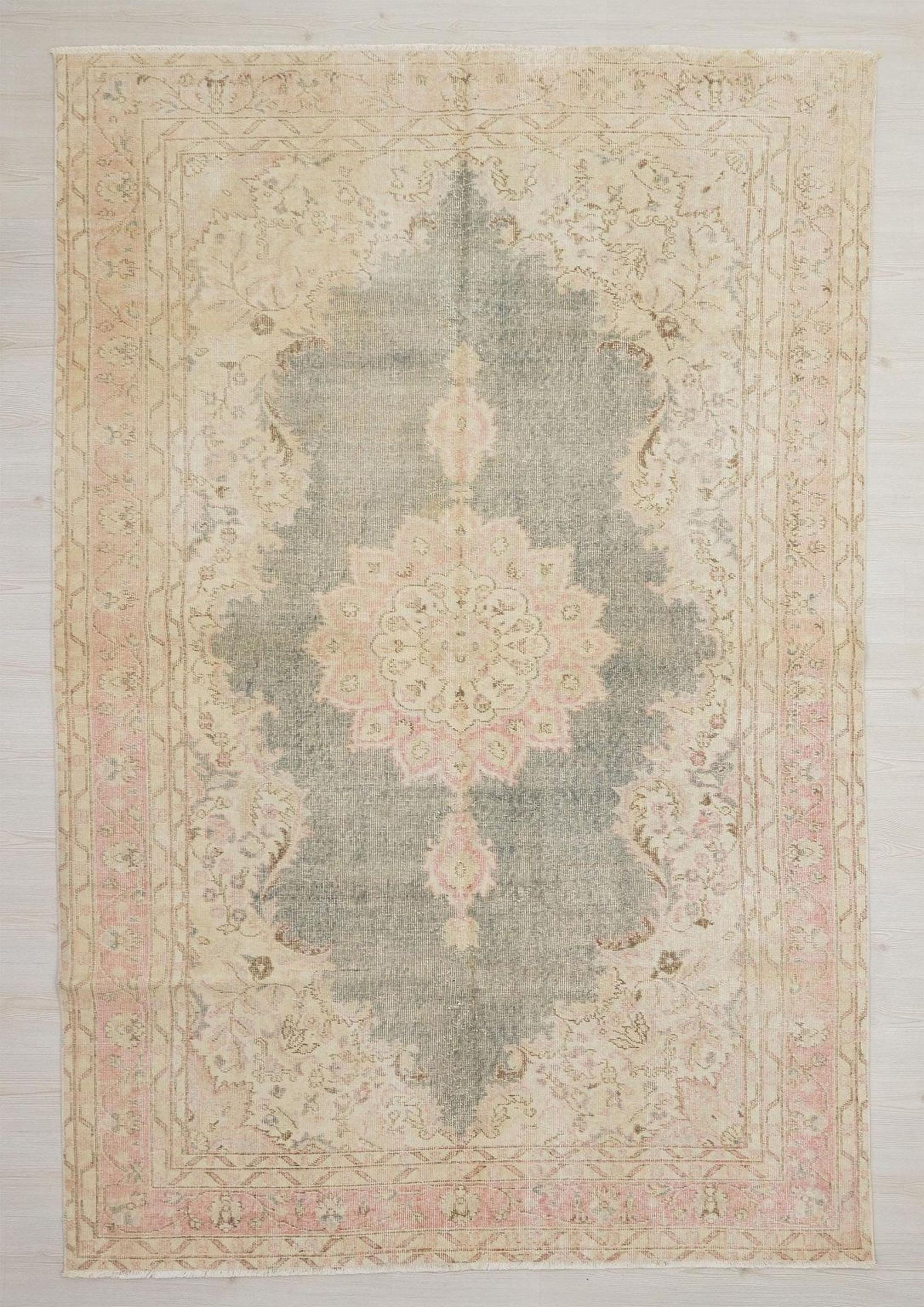 Vintage Handwoven Oushak Rug: Mid-Century Modern Wool Turkish Rugs 6x9.4 Feet.