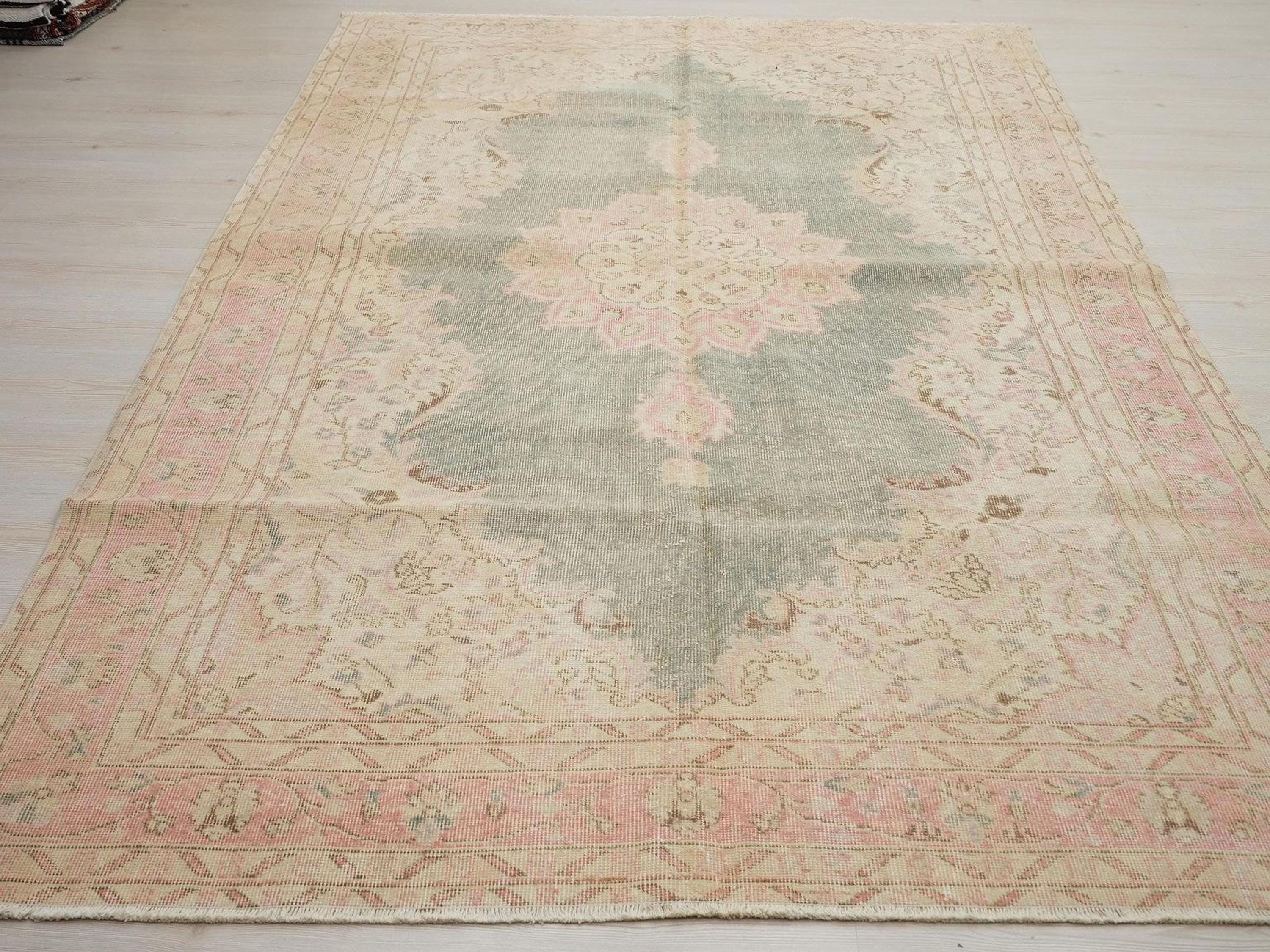 Vintage Handwoven Oushak Rug: Mid-Century Modern Wool Turkish Rugs 6x9.4 Feet.