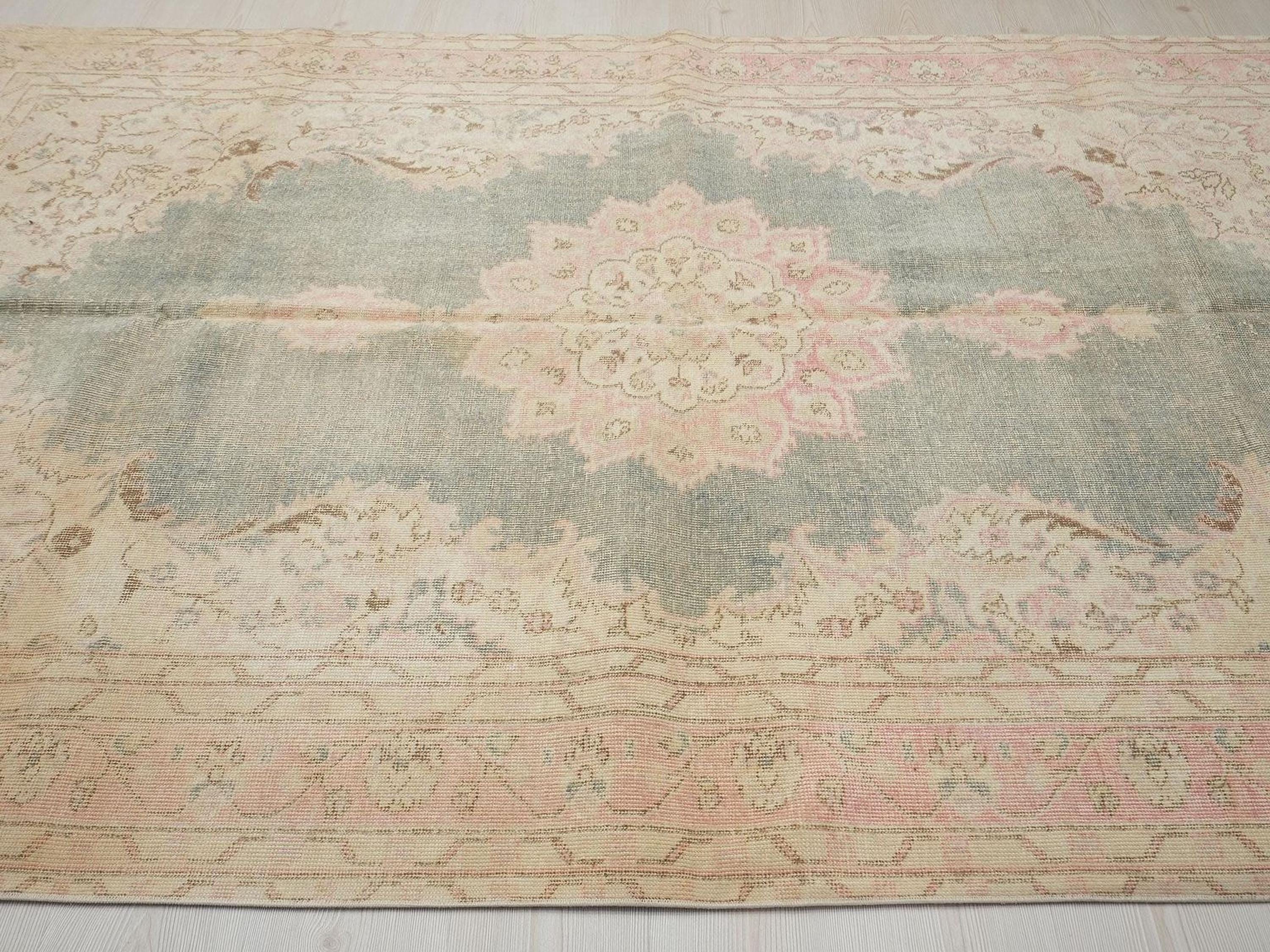 Vintage Handwoven Oushak Rug: Mid-Century Modern Wool Turkish Rugs 6x9.4 Feet.