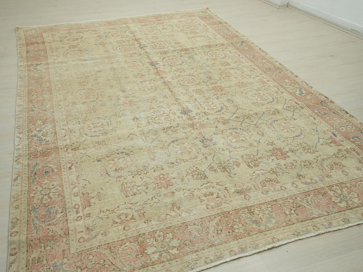 Vintage Wool Oushak Rug: Light Green Bohemian Decor Oriental Turkish Rugs, 6,4x10 Feet.