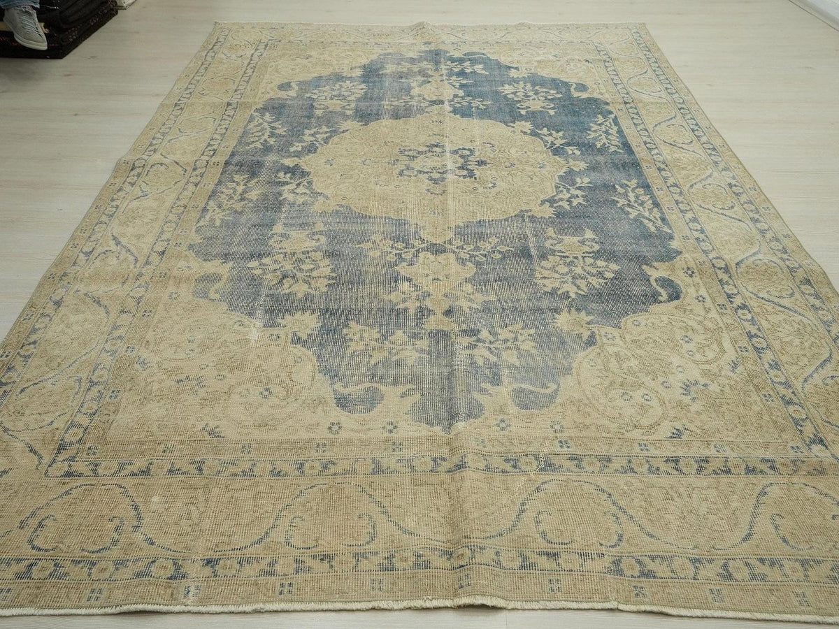 Handmade Navy Blue Turkish Oushak Rug: Bohemian Wool Carpet 6.9x10.3 ft.