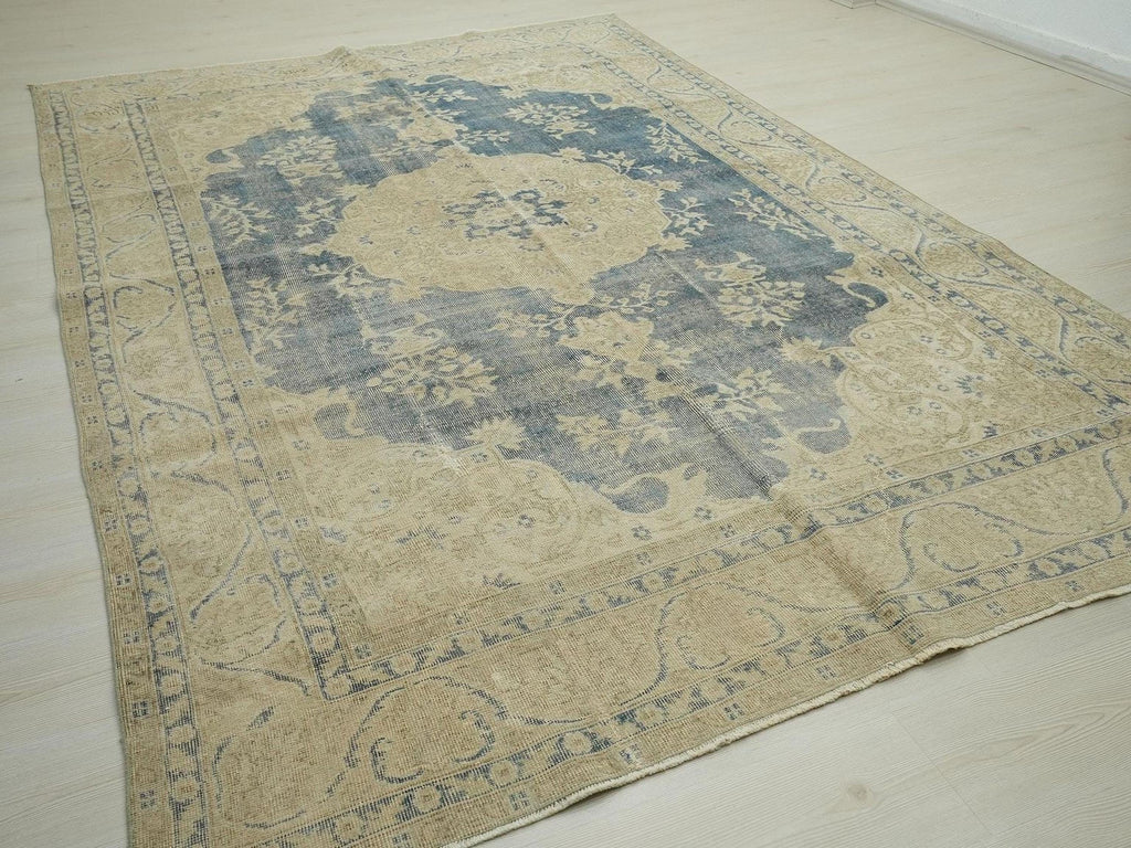 Handmade Navy Blue Turkish Oushak Rug: Bohemian Wool Carpet 6.9x10.3 ft.