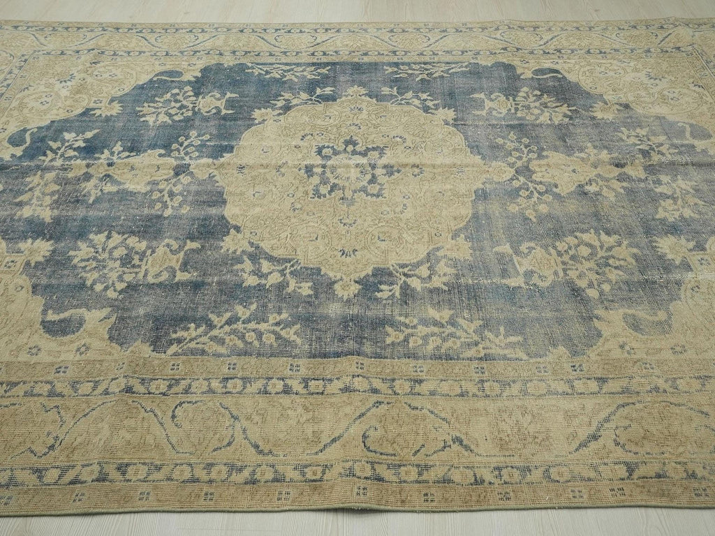 Handmade Navy Blue Turkish Oushak Rug: Bohemian Wool Carpet 6.9x10.3 ft.