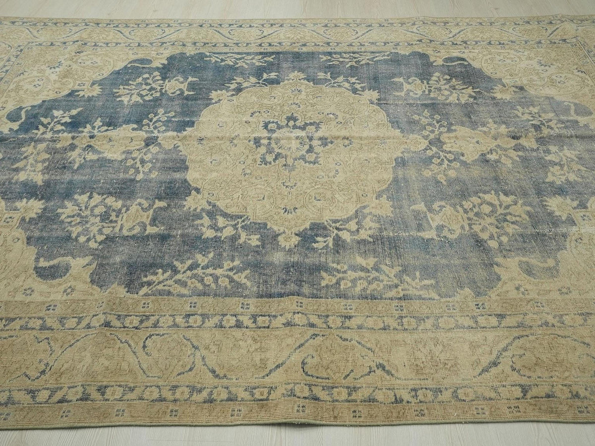 Handmade Navy Blue Turkish Oushak Rug: Bohemian Wool Carpet 6.9x10.3 ft.