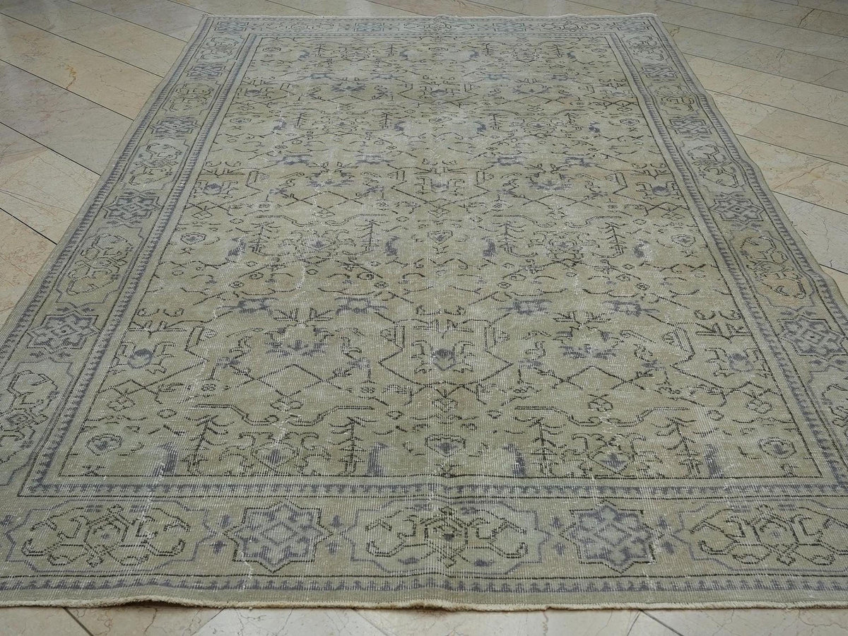 Geometric Floral Handmade Oushak Rug,6.7x10 Feet,Faded Vintage Turkish Carpet Rugs.