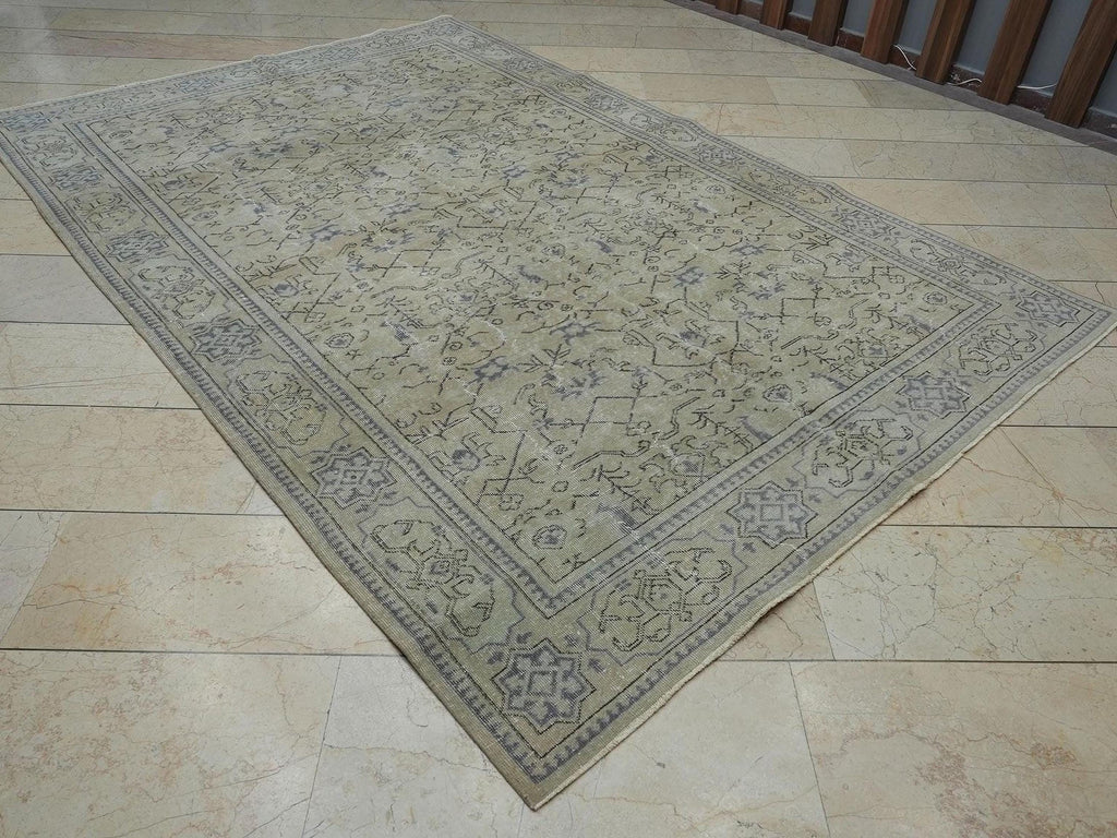 Geometric Floral Handmade Oushak Rug,6.7x10 Feet,Faded Vintage Turkish Carpet Rugs.
