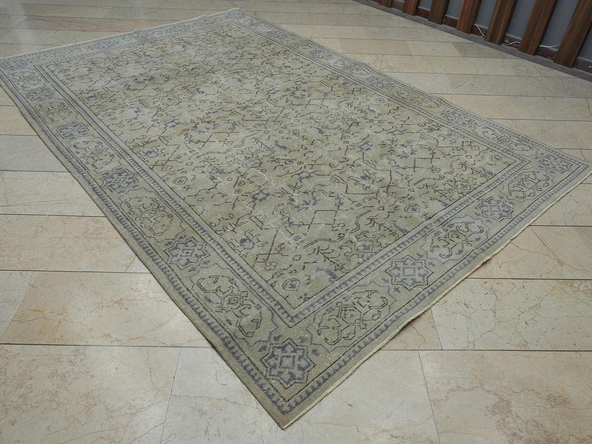Geometric Floral Handmade Oushak Rug,6.7x10 Feet,Faded Vintage Turkish Carpet Rugs.