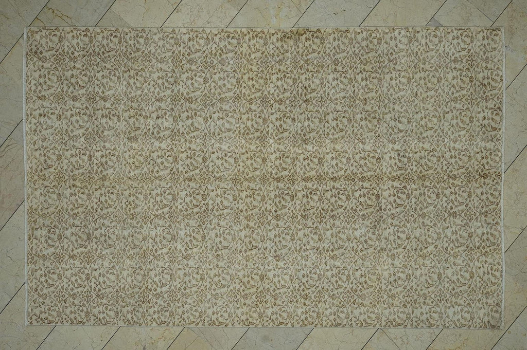 Vintage Oushak Turkish Rug: Beige Brown Floral Handmade Wool Carpet Rugs, 5.8x9.3 ft.