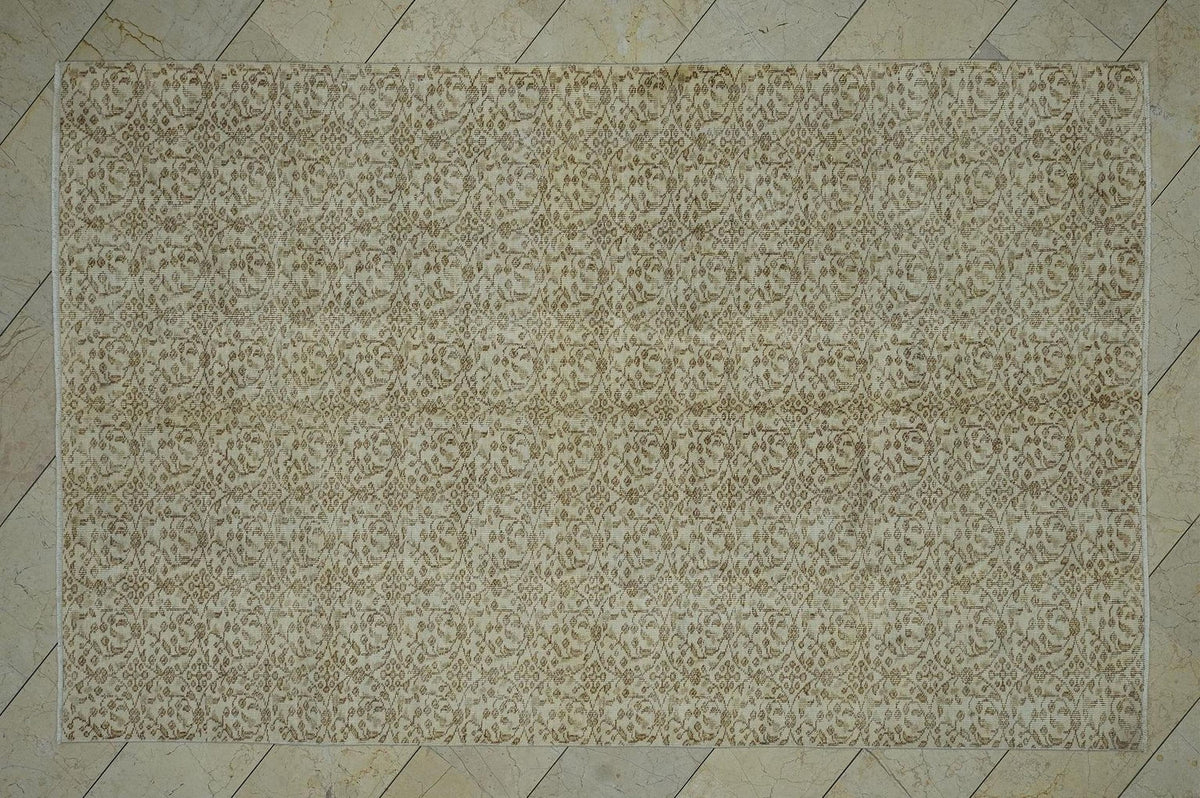 Vintage Oushak Turkish Rug: Beige Brown Floral Handmade Wool Carpet Rugs, 5.8x9.3 ft.