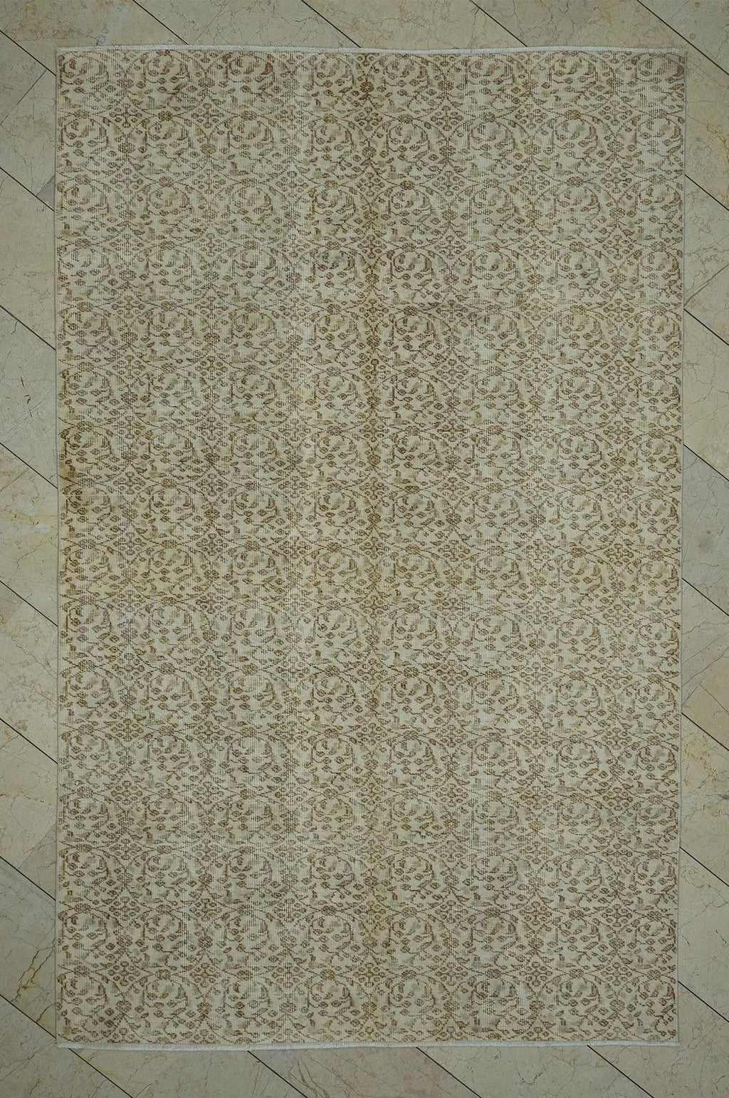 Vintage Oushak Turkish Rug: Beige Brown Floral Handmade Wool Carpet Rugs, 5.8x9.3 ft.