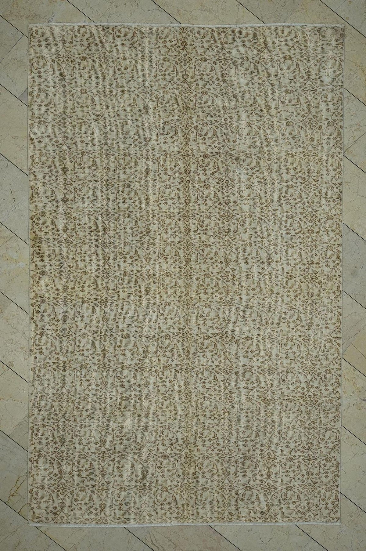 Vintage Oushak Turkish Rug: Beige Brown Floral Handmade Wool Carpet Rugs, 5.8x9.3 ft.