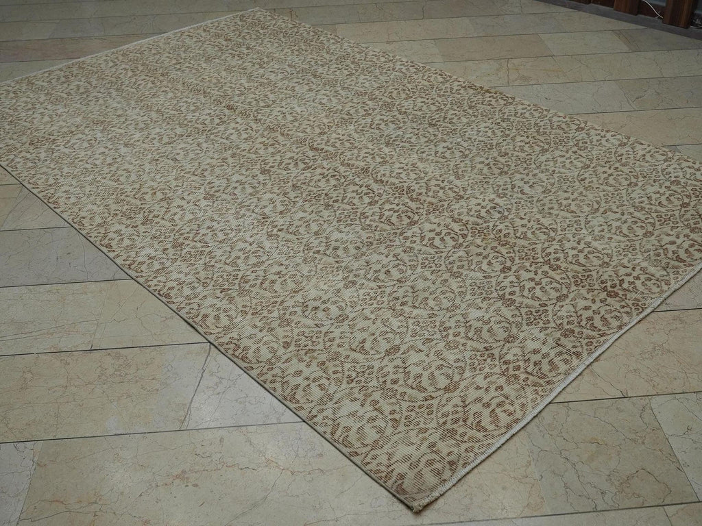Vintage Oushak Turkish Rug: Beige Brown Floral Handmade Wool Carpet Rugs, 5.8x9.3 ft.