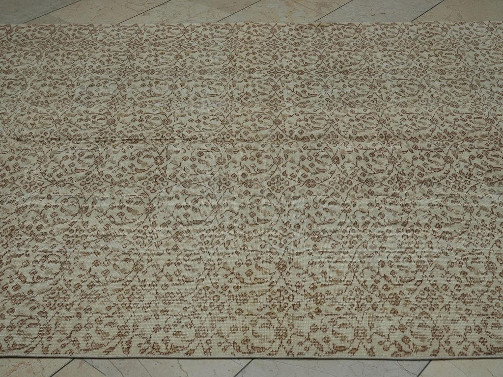 Vintage Oushak Turkish Rug: Beige Brown Floral Handmade Wool Carpet Rugs, 5.8x9.3 ft.