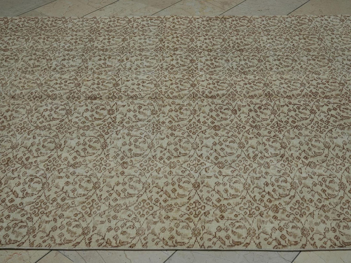 Vintage Oushak Turkish Rug: Beige Brown Floral Handmade Wool Carpet Rugs, 5.8x9.3 ft.