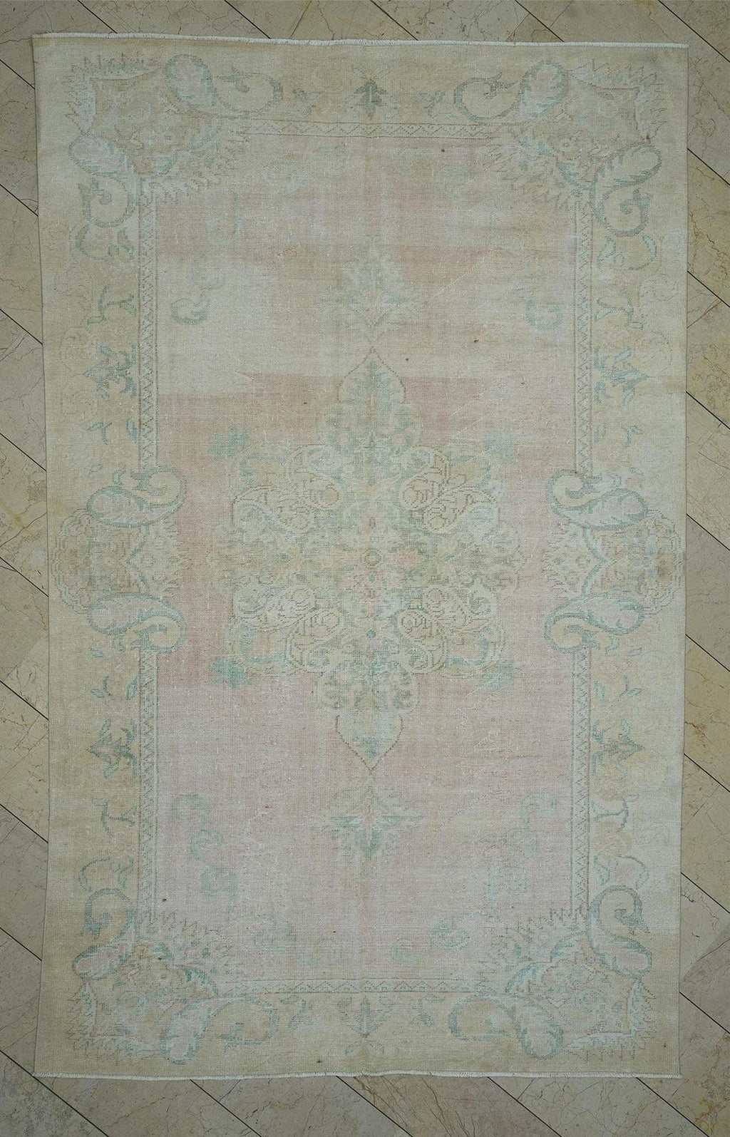 Faded Oushak Rug: Pink & Blue Vintage Turkish Floral Carpet Rugs, 6.7x11 ft