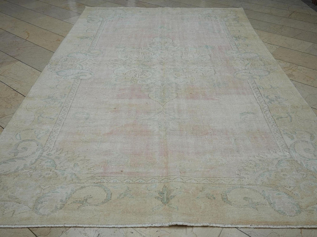 Faded Oushak Rug: Pink & Blue Vintage Turkish Floral Carpet Rugs, 6.7x11 ft