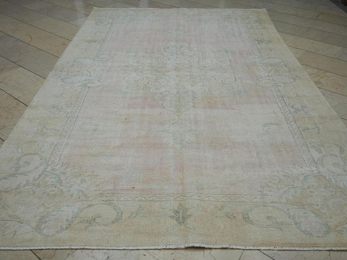 Faded Oushak Rug: Pink & Blue Vintage Turkish Floral Carpet Rugs, 6.7x11 ft