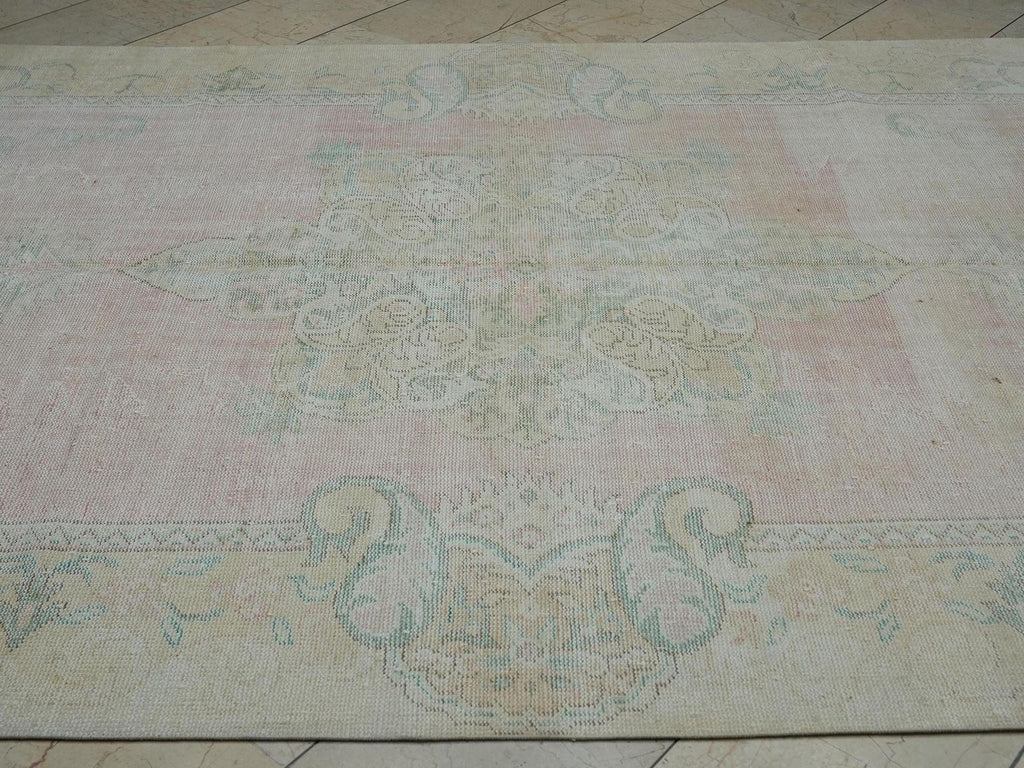 Faded Oushak Rug: Pink & Blue Vintage Turkish Floral Carpet Rugs, 6.7x11 ft