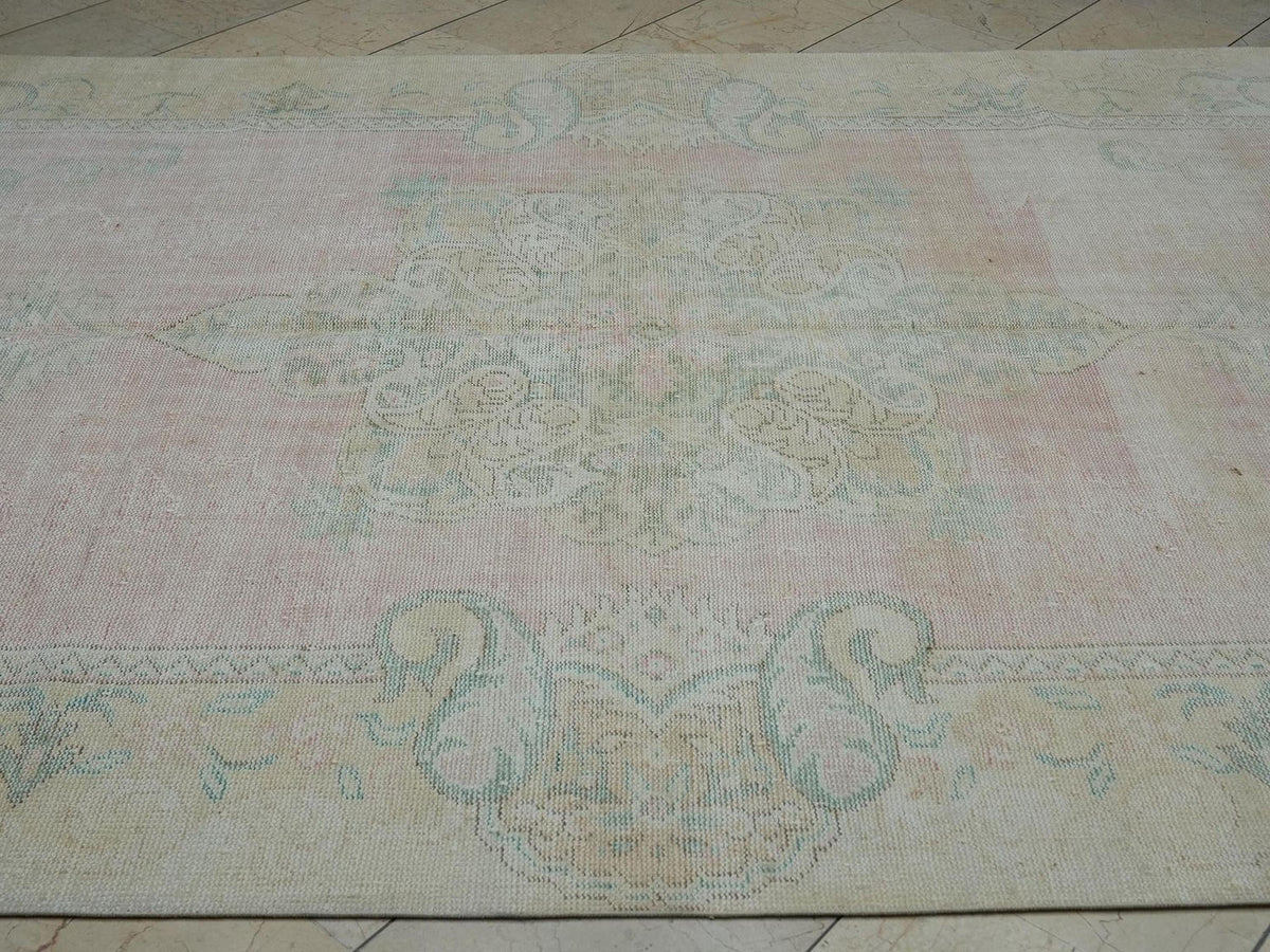 Faded Oushak Rug: Pink & Blue Vintage Turkish Floral Carpet Rugs, 6.7x11 ft