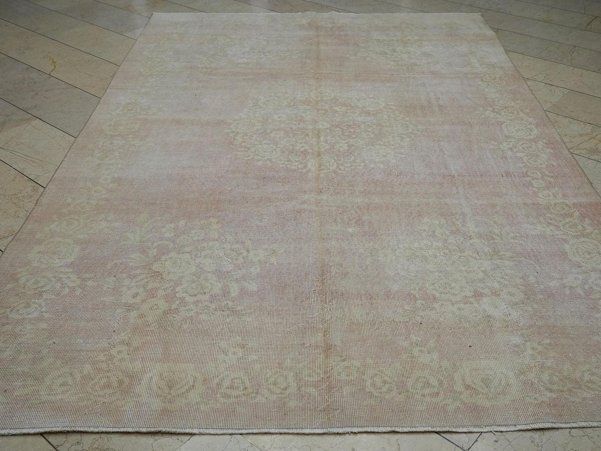 Handmade Vintage Oushak Wool Rug: Seasonal Decor Muted Red & Beige Rugs. 6.7x10.4 ft.
