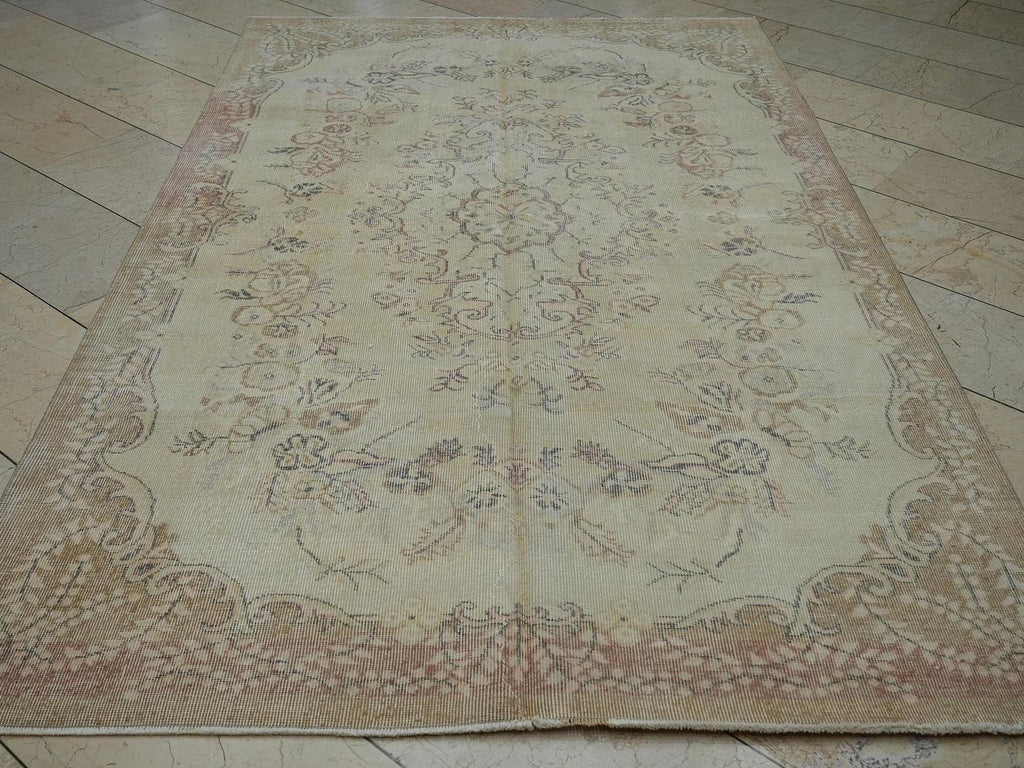 Vintage Turkish Oushak Rug: 5.4x8.6 ft Mid-Century Wool Carpet