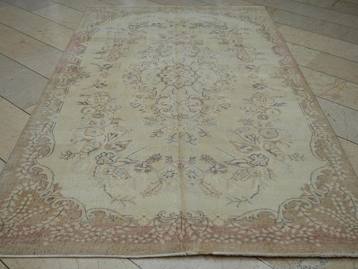 Vintage Turkish Oushak Rug: 5.4x8.6 ft Mid-Century Wool Carpet