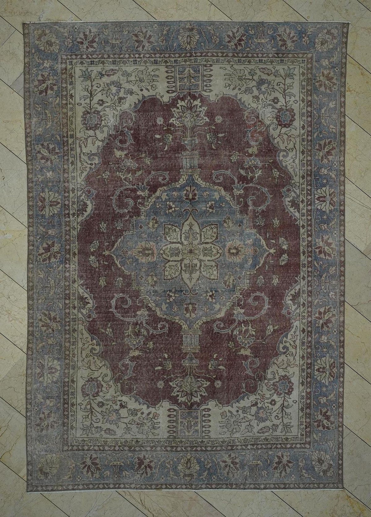 Vintage Oushak Rug: 6.7x9.9 ft, Red & Gray Turkish Wool Carpet