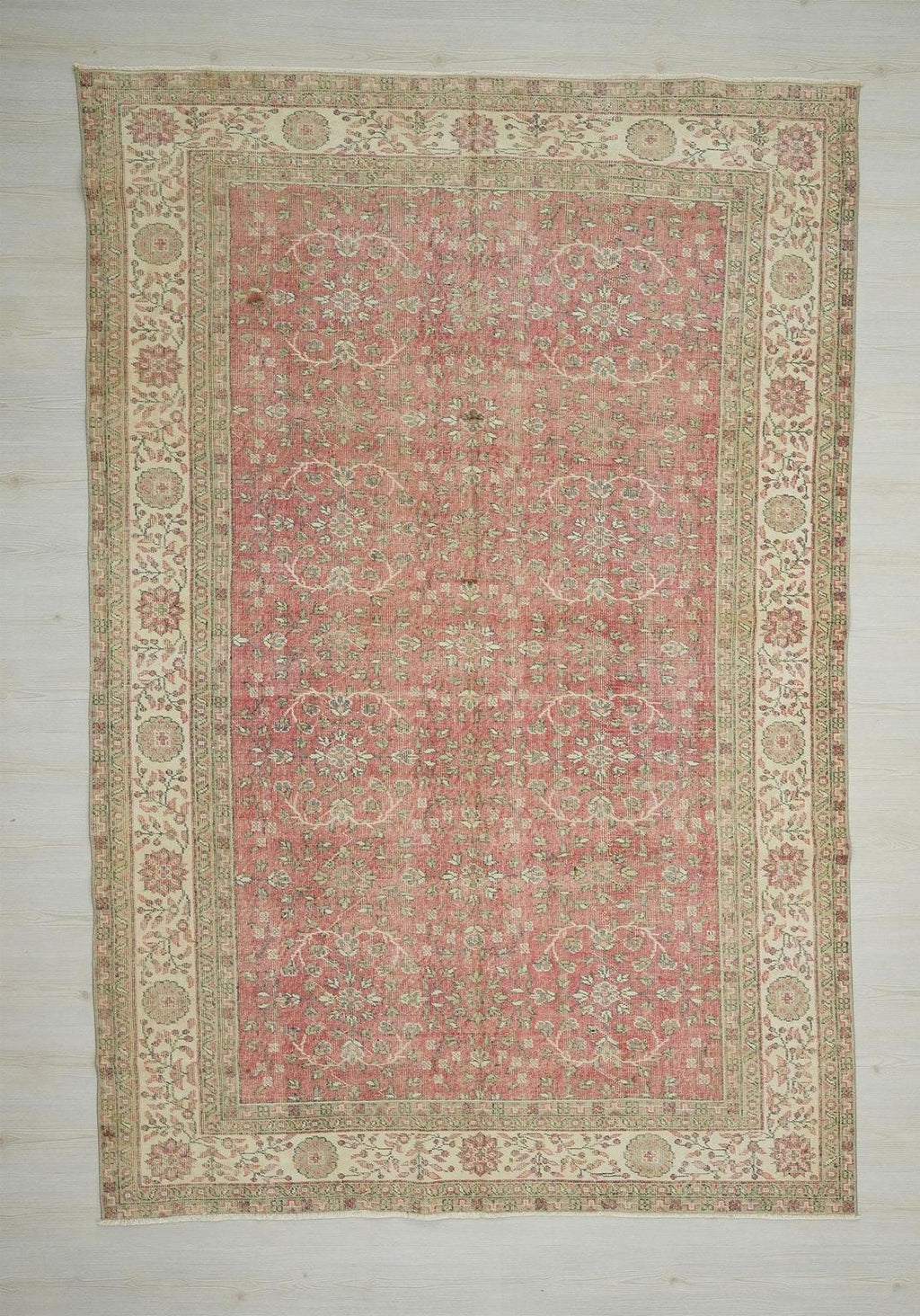 Large Vintage Oushak Rug: 6.6x10.2 ft, Red Beige Turkish Wool Carpet