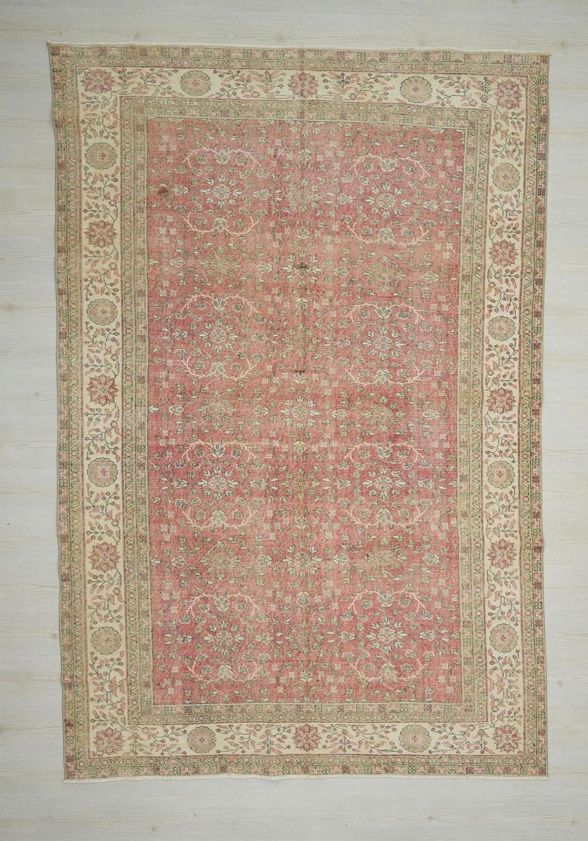 Large Vintage Oushak Rug: 6.6x10.2 ft, Red Beige Turkish Wool Carpet