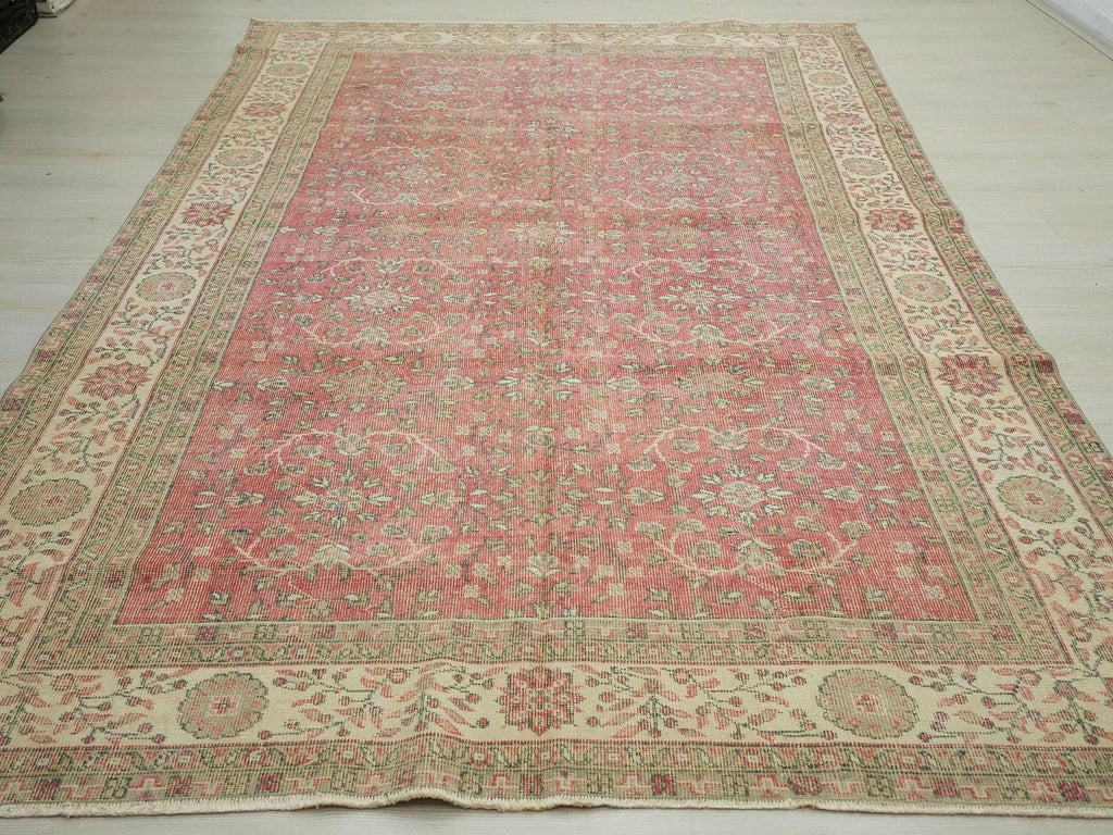Large Vintage Oushak Rug: 6.6x10.2 ft, Red Beige Turkish Wool Carpet