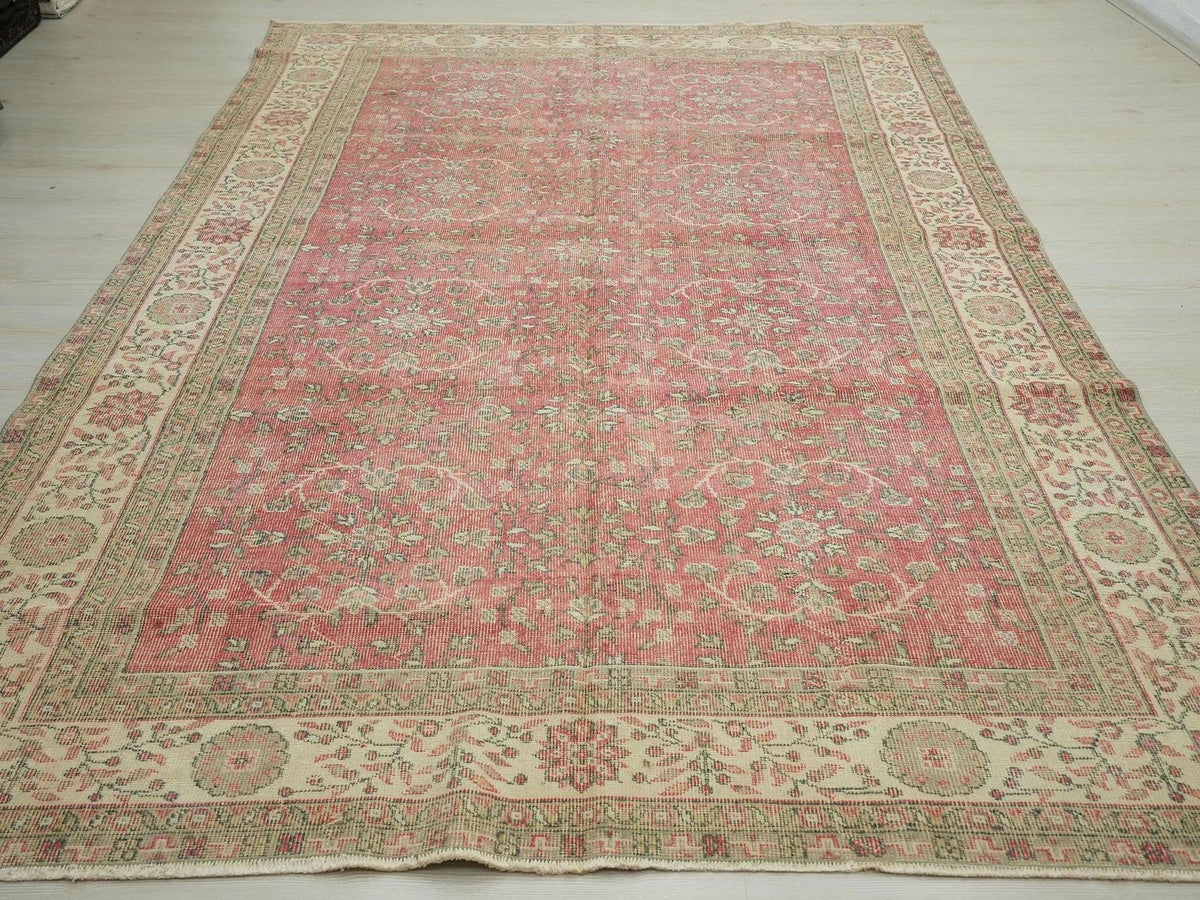 Large Vintage Oushak Rug: 6.6x10.2 ft, Red Beige Turkish Wool Carpet