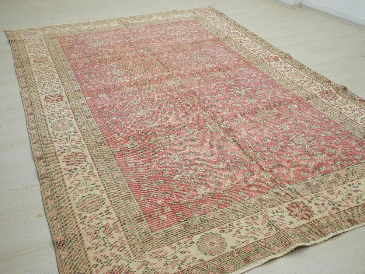 Large Vintage Oushak Rug: 6.6x10.2 ft, Red Beige Turkish Wool Carpet