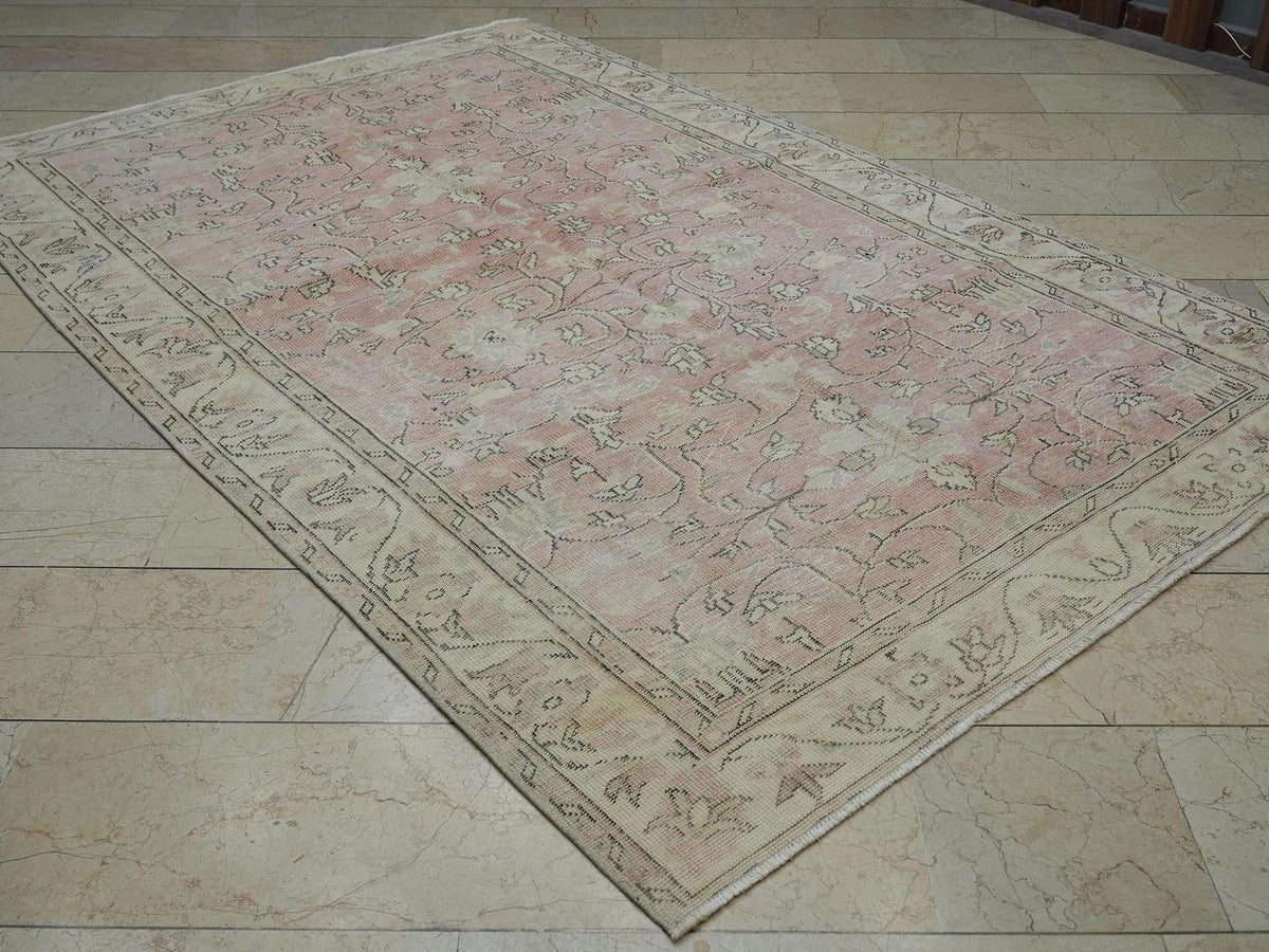 Handmade Oushak Turkish Rug: 6x9 Pastel Geometric Wool Carpet