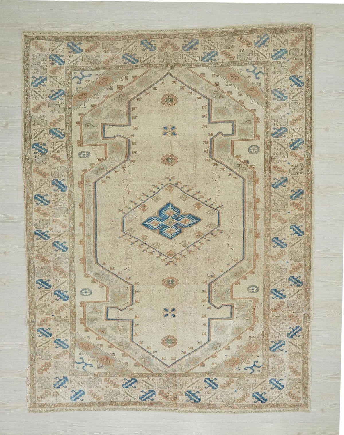 Vintage Oushak Wool Rug: Blue Beige Turkish Carpet (6"x7,7" Feet)