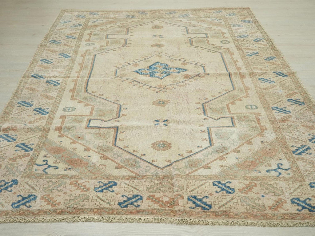 Vintage Oushak Wool Rug: Blue Beige Turkish Carpet (6"x7,7" Feet)