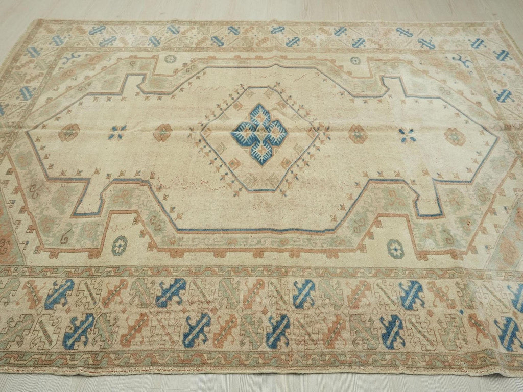 Vintage Oushak Wool Rug: Blue Beige Turkish Carpet (6"x7,7" Feet)