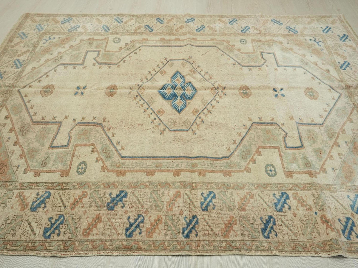 Vintage Oushak Wool Rug: Blue Beige Turkish Carpet (6"x7,7" Feet)