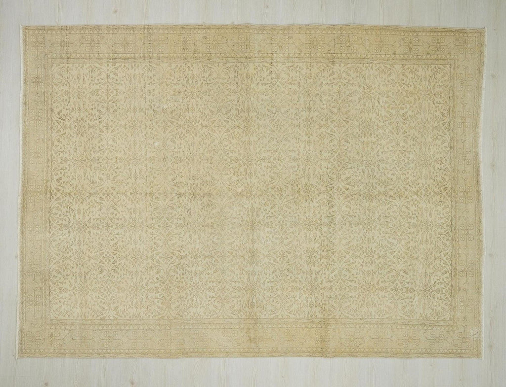 Large Vintage Turkish Oushak Rug: Beige Brown Wool Carpet (7,3"x10" Feet)
