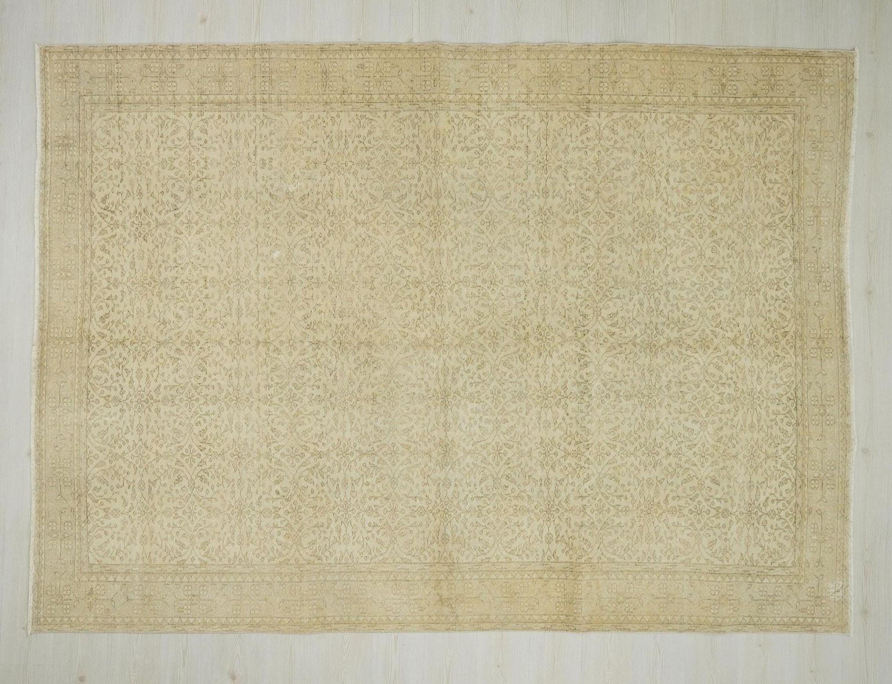 Large Vintage Turkish Oushak Rug: Beige Brown Wool Carpet (7,3"x10" Feet)