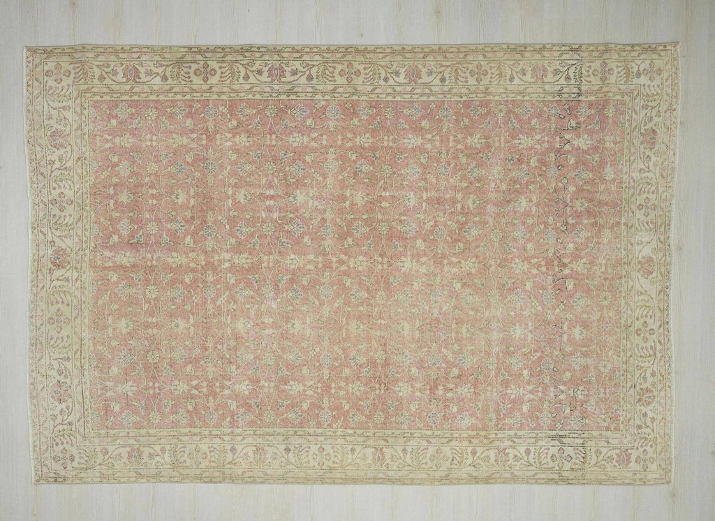 Faded Red Oushak Rug: 7x10.2 ft, Turkish Wool Farmhouse Rugs