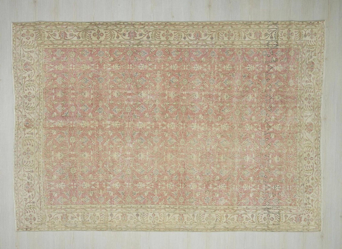 Faded Red Oushak Rug: 7x10.2 ft, Turkish Wool Farmhouse Rugs