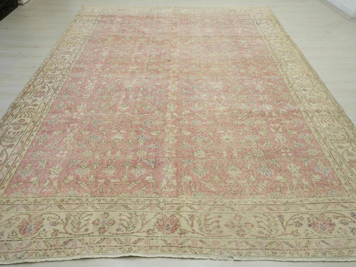 Faded Red Oushak Rug: 7x10.2 ft, Turkish Wool Farmhouse Rugs
