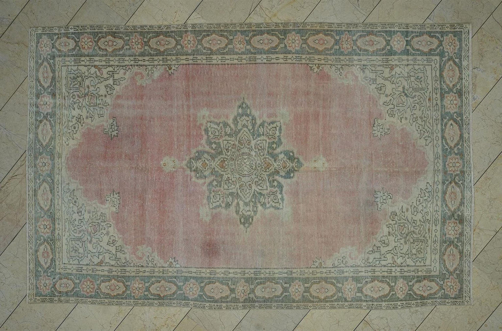 Vintage Oushak Rug: 6.3x9.6 ft Salmon Pink Medallion Turkish Carpet