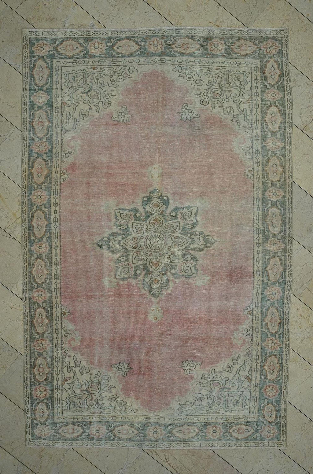 Vintage Oushak Rug: 6.3x9.6 ft Salmon Pink Medallion Turkish Carpet