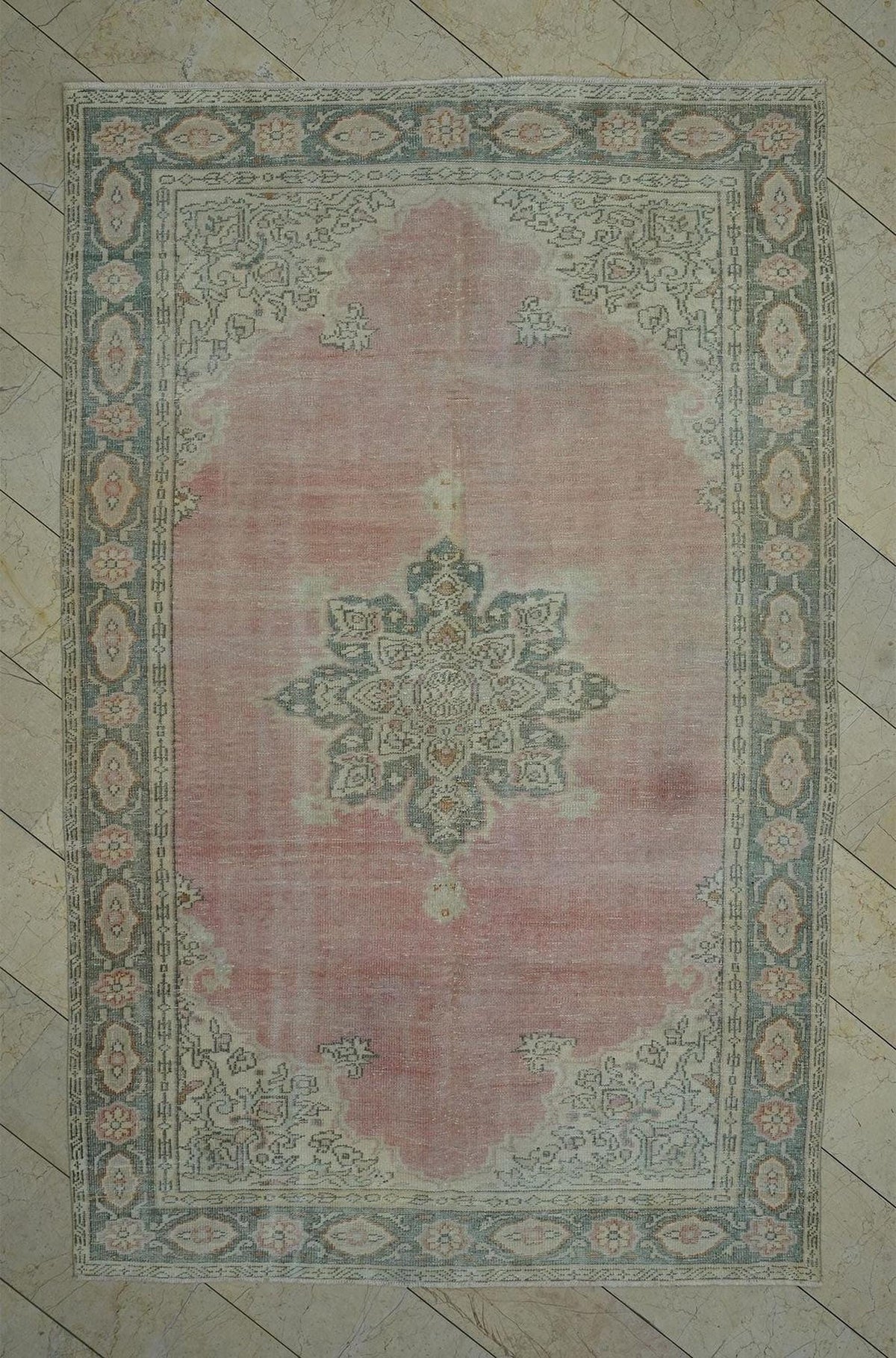 Vintage Oushak Rug: 6.3x9.6 ft Salmon Pink Medallion Turkish Carpet