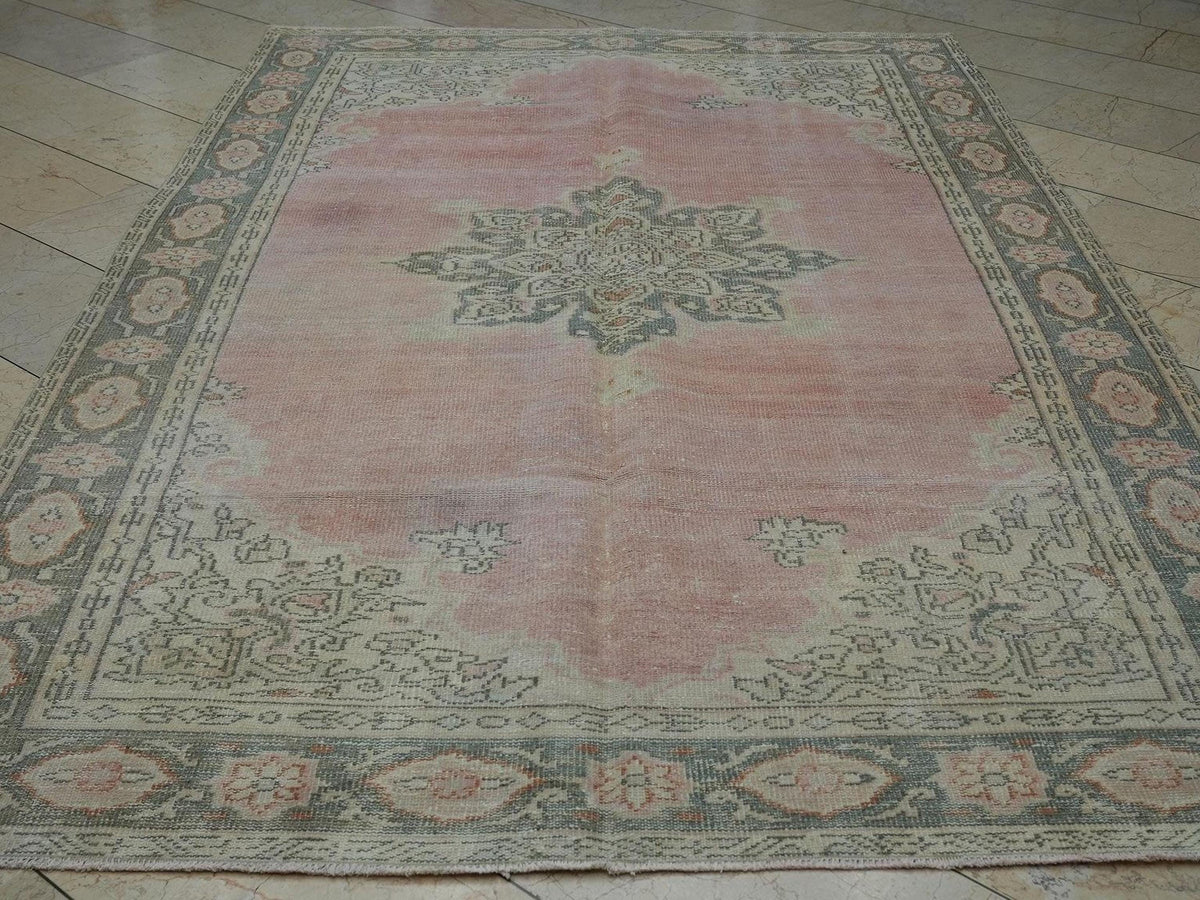 Vintage Oushak Rug: 6.3x9.6 ft Salmon Pink Medallion Turkish Carpet