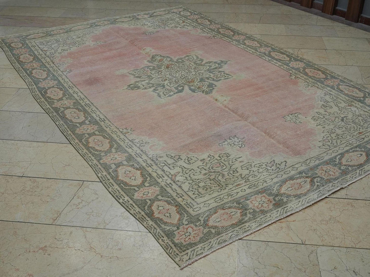 Vintage Oushak Rug: 6.3x9.6 ft Salmon Pink Medallion Turkish Carpet