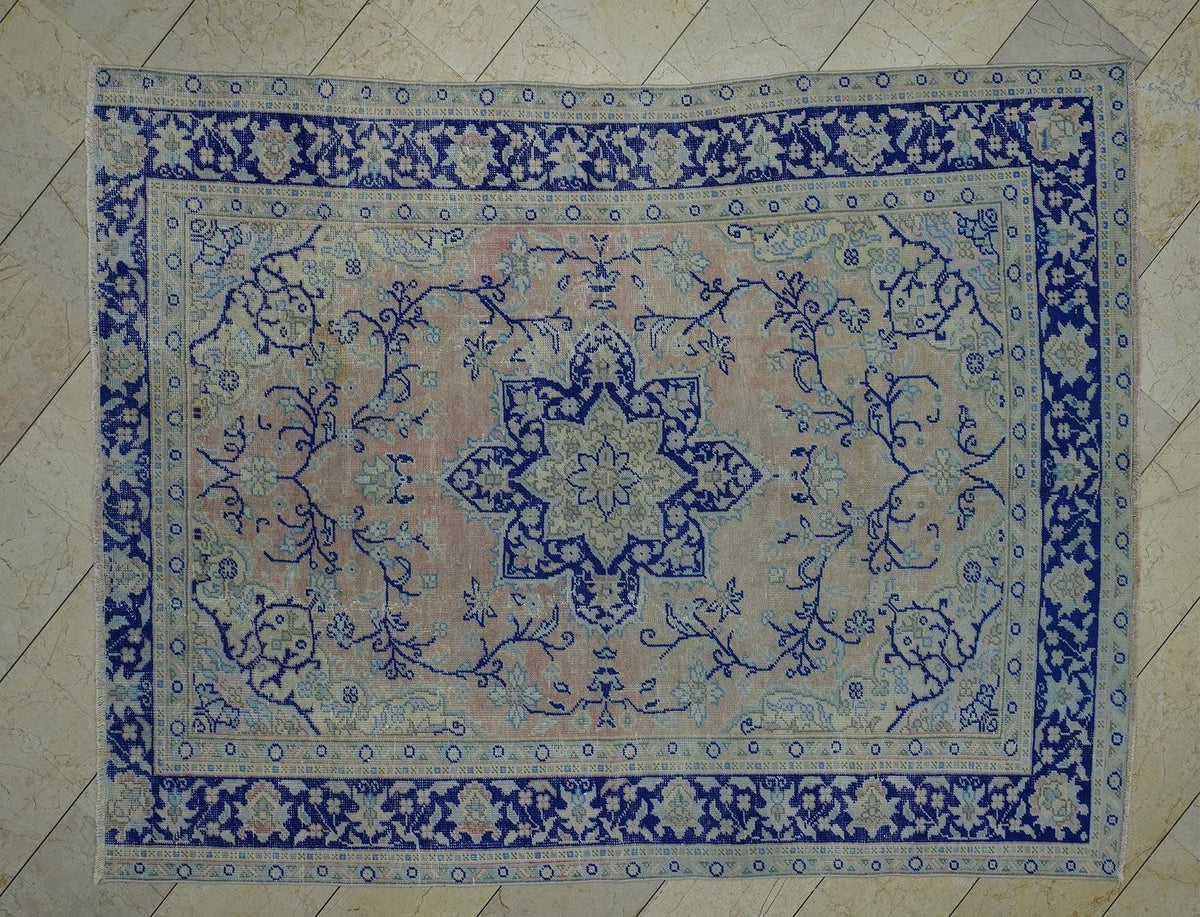 Vintage Turkish Oushak Rug: Navy Blue & Peach, 6'x8' Wool Carpet