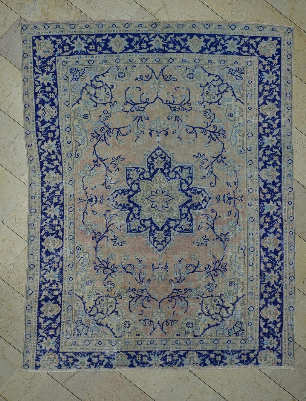 Vintage Turkish Oushak Rug: Navy Blue & Peach, 6'x8' Wool Carpet